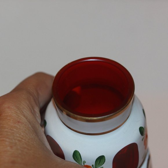 BOHEMIAN CZECH Cased Glass White Overlay Cut to Red STRETCH VASE VINTAGE #8157 - Picture 4 of 6